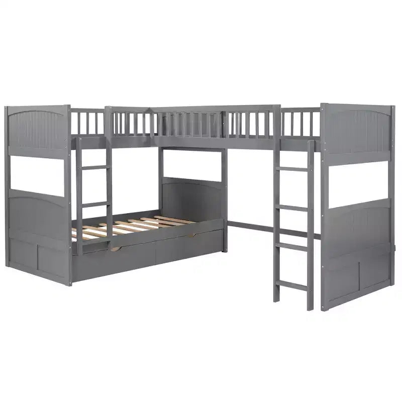 Letto a soppalco triplo grigio/bianco con contenitore, 3 posti letto