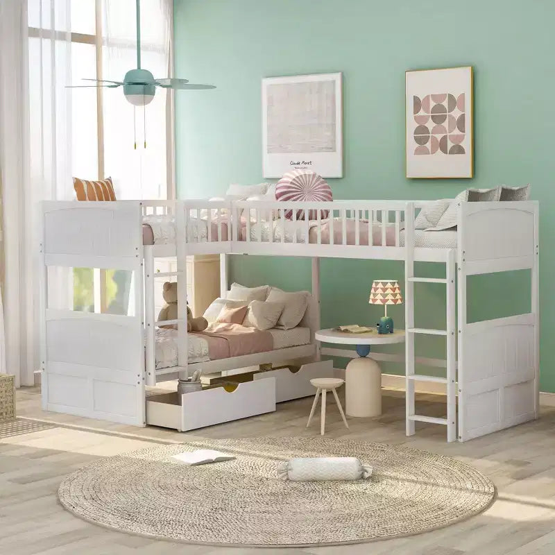 Letto a soppalco triplo grigio/bianco con contenitore, 3 posti letto