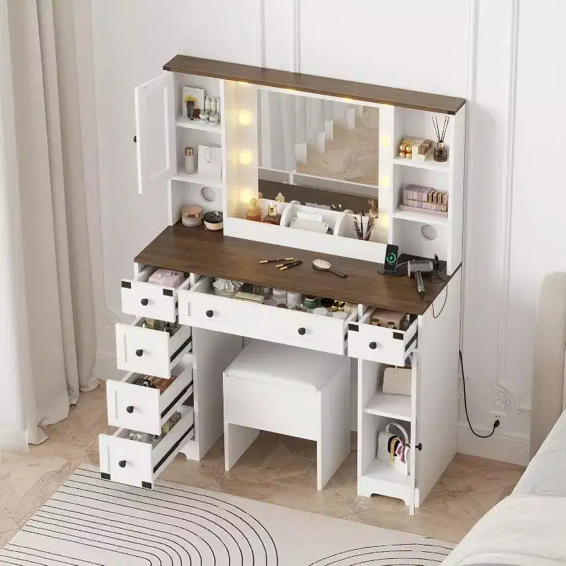 Set Toeletta in Legno Rosa/Bianco con Specchio LED, Cassetti e Sgabello – 1 Persona