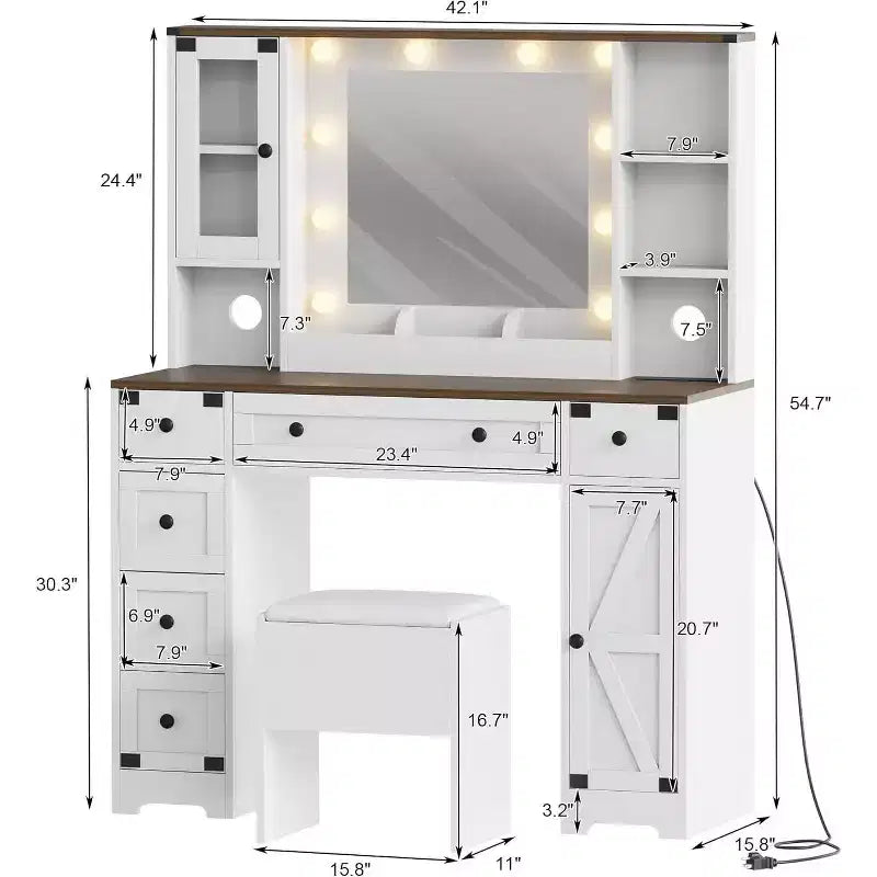 Set Toeletta in Legno Rosa/Bianco con Specchio LED, Cassetti e Sgabello – 1 Persona