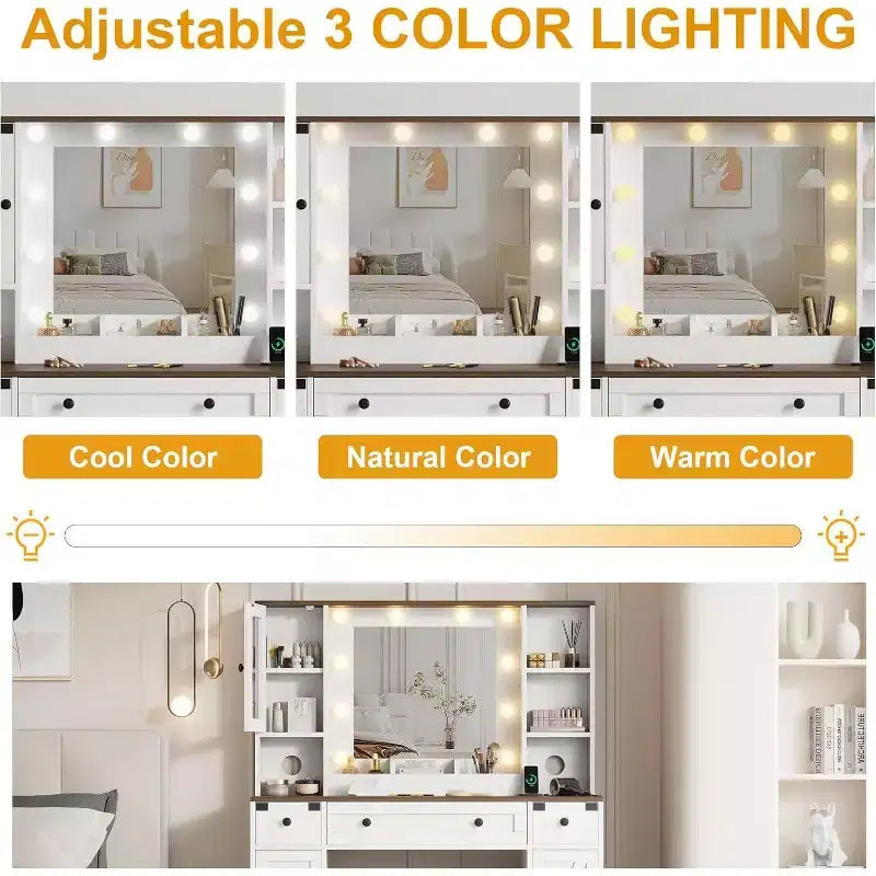 Set Toeletta in Legno Rosa/Bianco con Specchio LED, Cassetti e Sgabello – 1 Persona