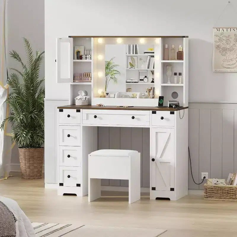 Set Toeletta in Legno Rosa/Bianco con Specchio LED, Cassetti e Sgabello – 1 Persona
