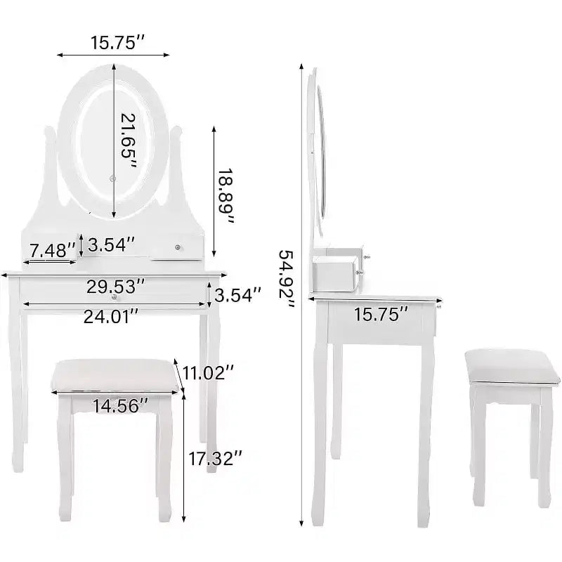 Set Toeletta in Legno Rosa/Bianco con Specchio LED, Cassetti e Sgabello – 1 Persona