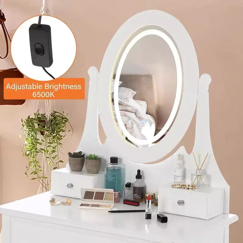 Set Toeletta in Legno Rosa/Bianco con Specchio LED, Cassetti e Sgabello – 1 Persona