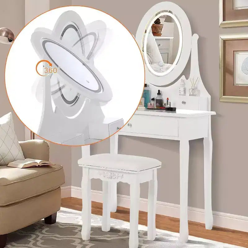 Set Toeletta in Legno Rosa/Bianco con Specchio LED, Cassetti e Sgabello – 1 Persona