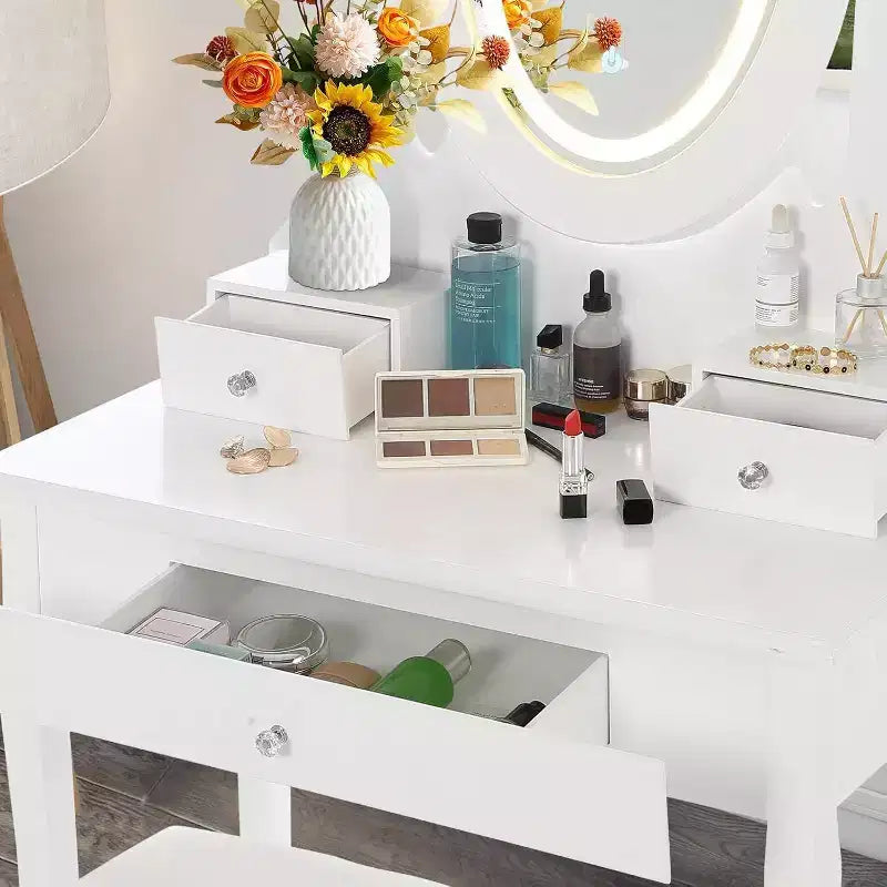 Set Toeletta in Legno Rosa/Bianco con Specchio LED, Cassetti e Sgabello – 1 Persona