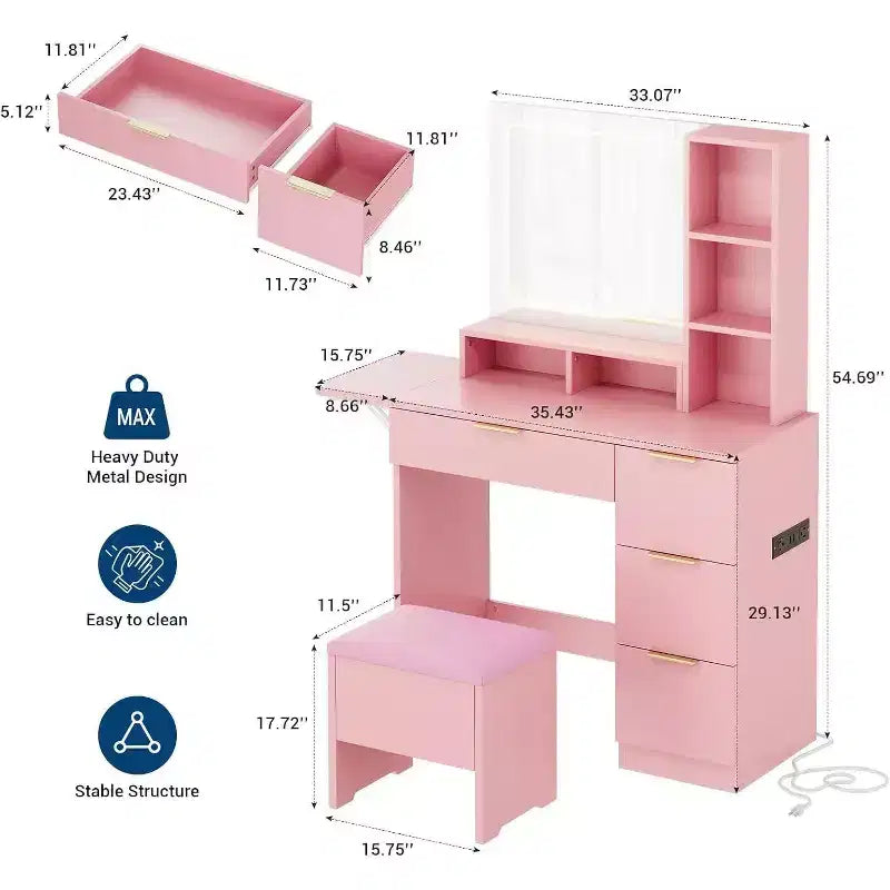 Set Toeletta in Legno Rosa/Bianco con Specchio LED, Cassetti e Sgabello – 1 Persona
