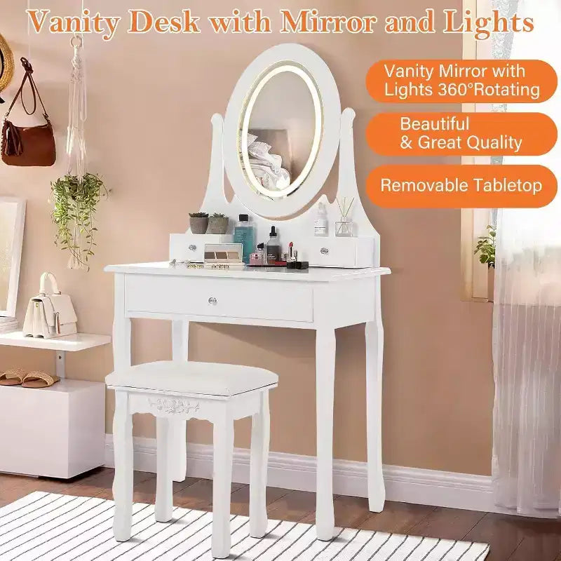 Set Toeletta in Legno Rosa/Bianco con Specchio LED, Cassetti e Sgabello – 1 Persona