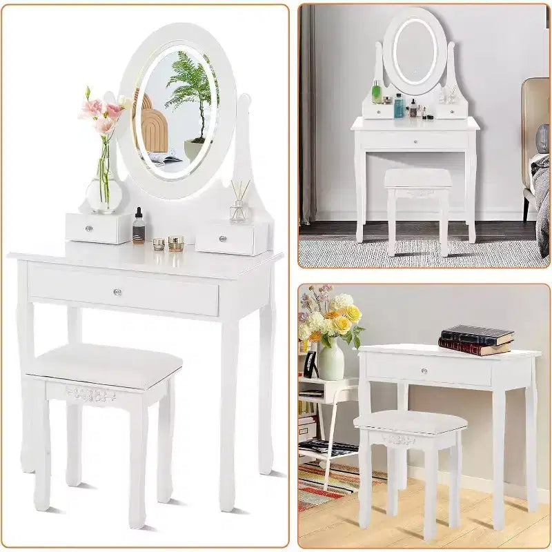 Set Toeletta in Legno Rosa/Bianco con Specchio LED, Cassetti e Sgabello – 1 Persona