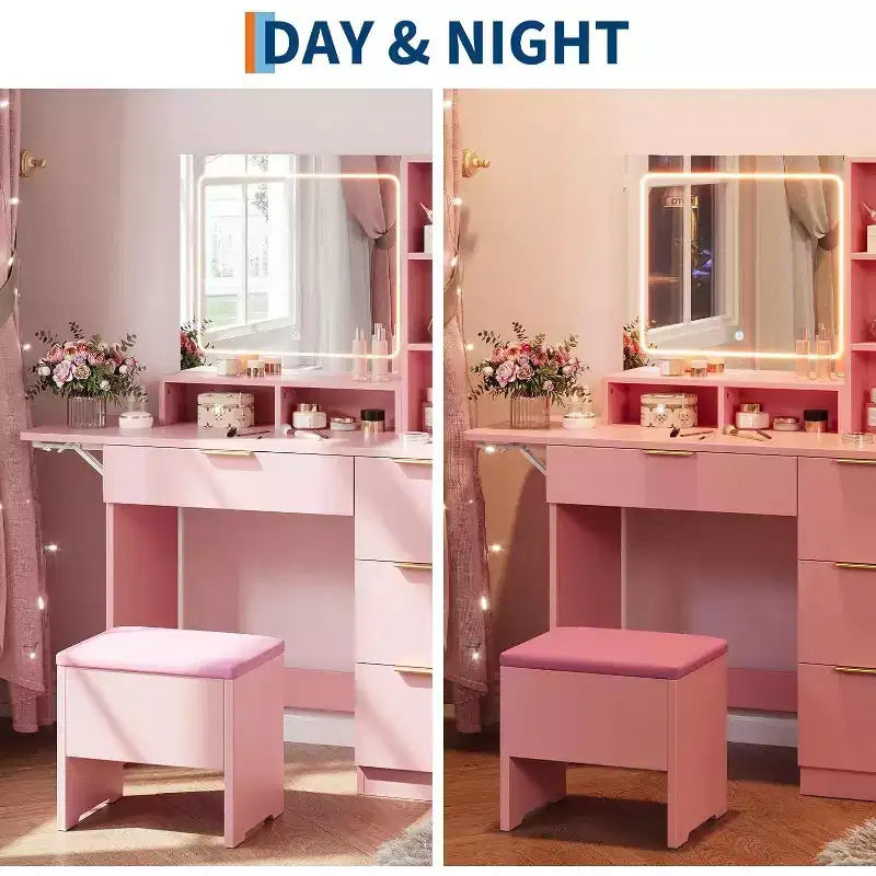 Set Toeletta in Legno Rosa/Bianco con Specchio LED, Cassetti e Sgabello – 1 Persona