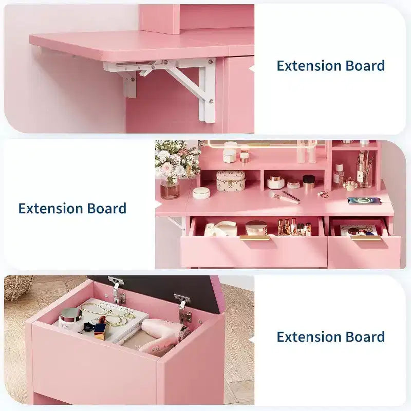 Set Toeletta in Legno Rosa/Bianco con Specchio LED, Cassetti e Sgabello – 1 Persona