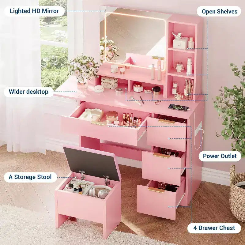 Set Toeletta in Legno Rosa/Bianco con Specchio LED, Cassetti e Sgabello – 1 Persona