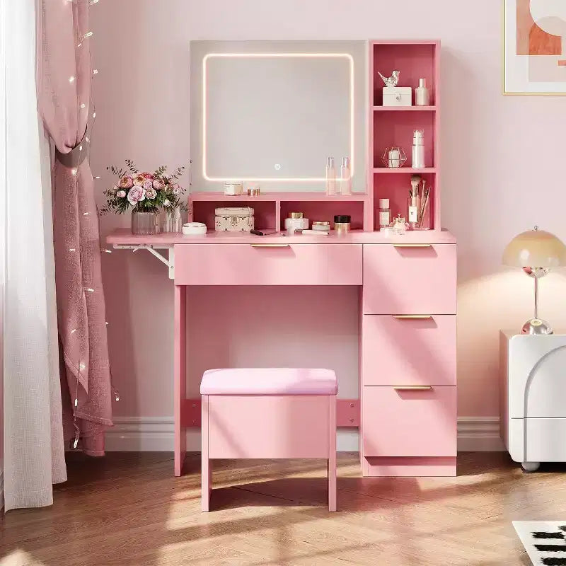 Set Toeletta in Legno Rosa/Bianco con Specchio LED, Cassetti e Sgabello – 1 Persona