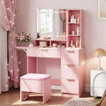 Dressing Table Set with Large LED Lighted Mirror with 3 Modes, Wooden Dresser for Bedroom with Power Socket, Drawers, Storage Stool, Pink