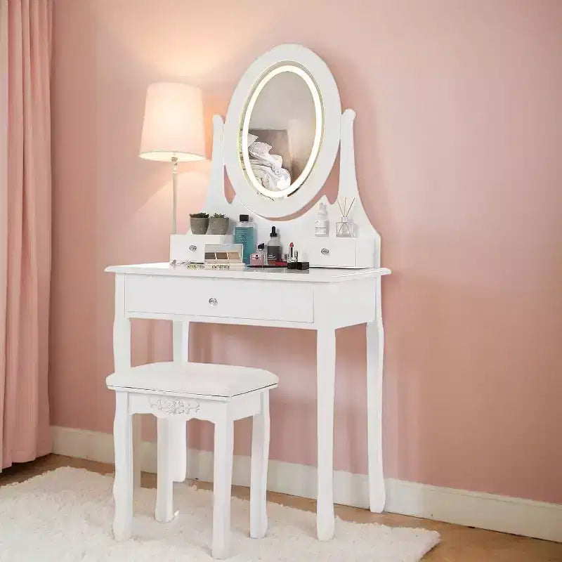 Set Toeletta in Legno Rosa/Bianco con Specchio LED, Cassetti e Sgabello – 1 Persona