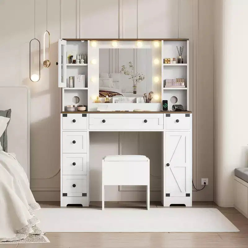 Set Toeletta in Legno Rosa/Bianco con Specchio LED, Cassetti e Sgabello – 1 Persona
