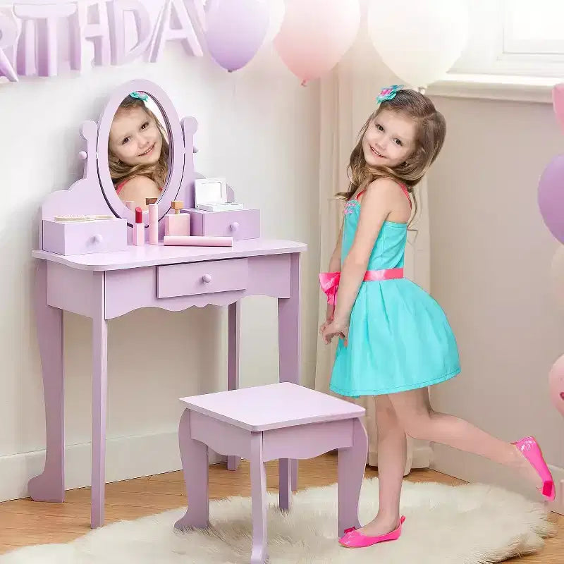 Set toeletta in legno viola con specchio e sgabello per 1 bambino, età 3-8 anni