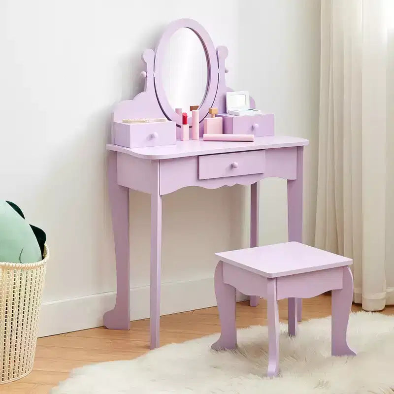Set toeletta in legno viola con specchio e sgabello per 1 bambino, età 3-8 anni