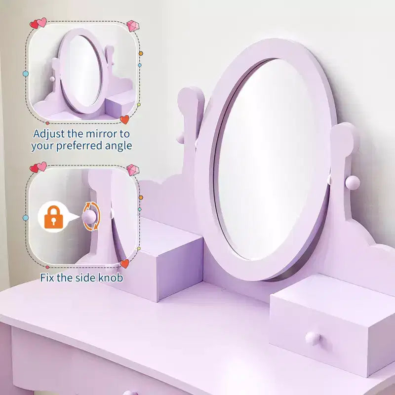 Set toeletta in legno viola con specchio e sgabello per 1 bambino, età 3-8 anni