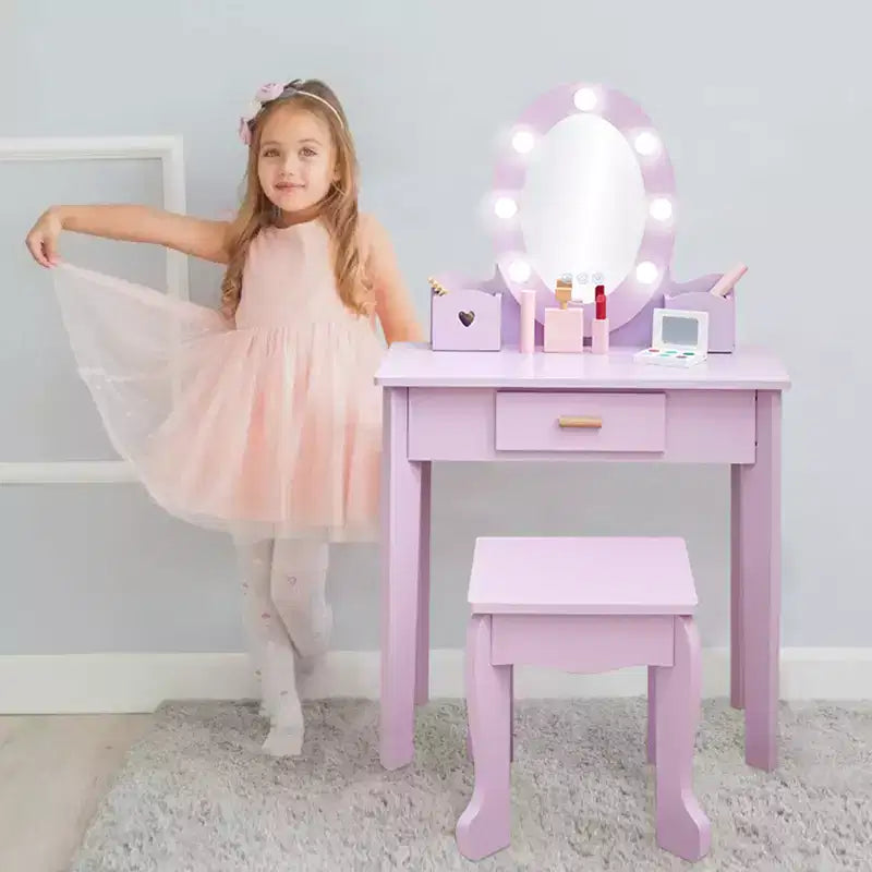 Set toeletta in legno viola con specchio e sgabello per 1 bambino, età 3-8 anni