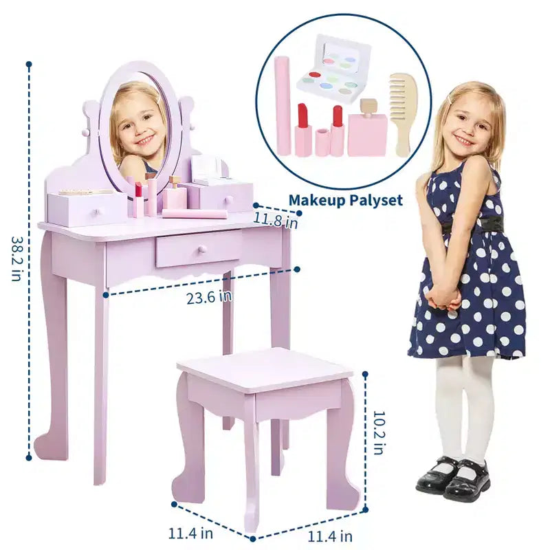 Set toeletta in legno viola con specchio e sgabello per 1 bambino, età 3-8 anni