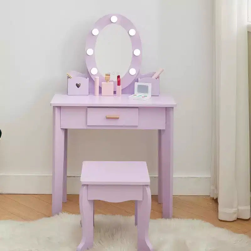 Set toeletta in legno viola con specchio e sgabello per 1 bambino, età 3-8 anni