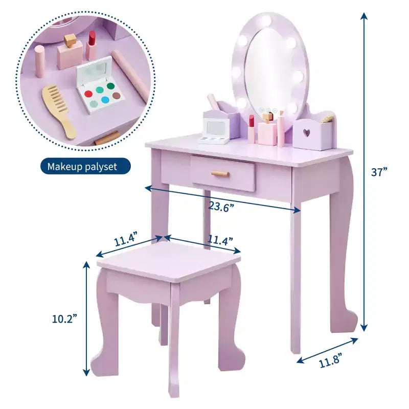 Set toeletta in legno viola con specchio e sgabello per 1 bambino, età 3-8 anni