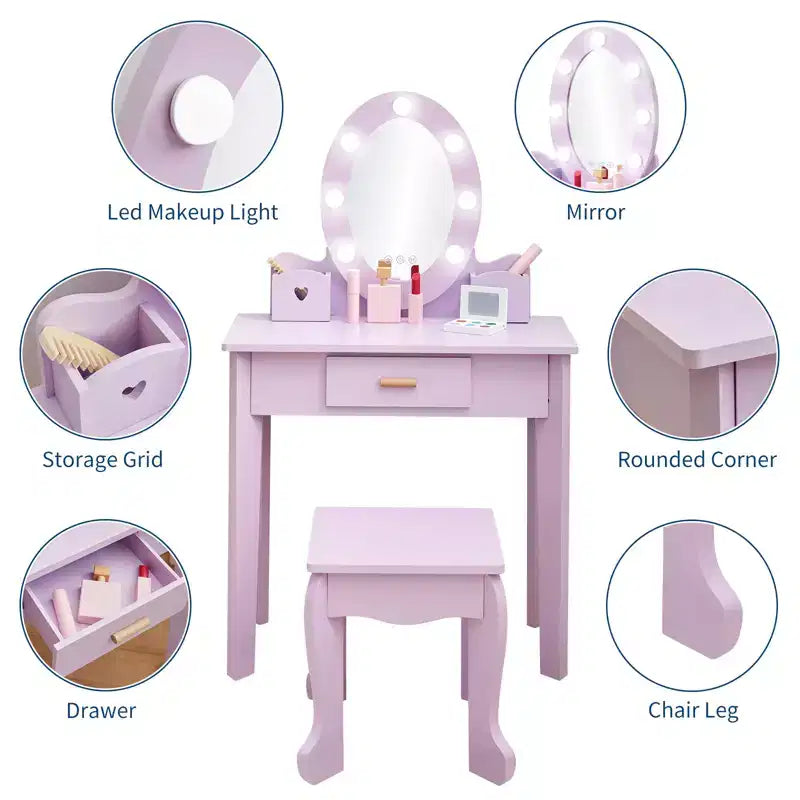 Set toeletta in legno viola con specchio e sgabello per 1 bambino, età 3-8 anni