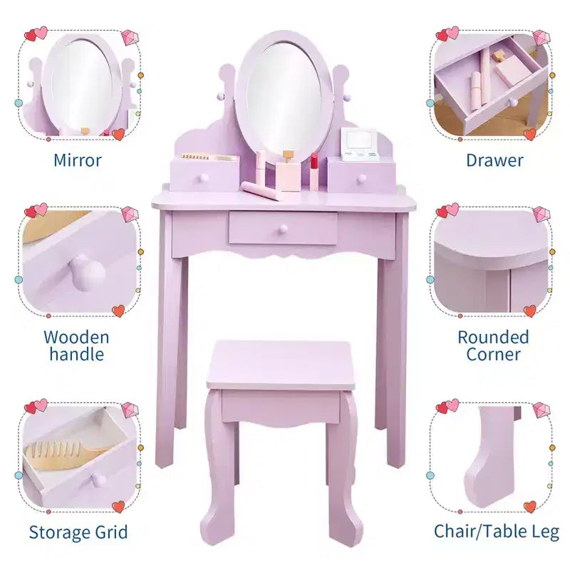 Set toeletta in legno viola con specchio e sgabello per 1 bambino, età 3-8 anni