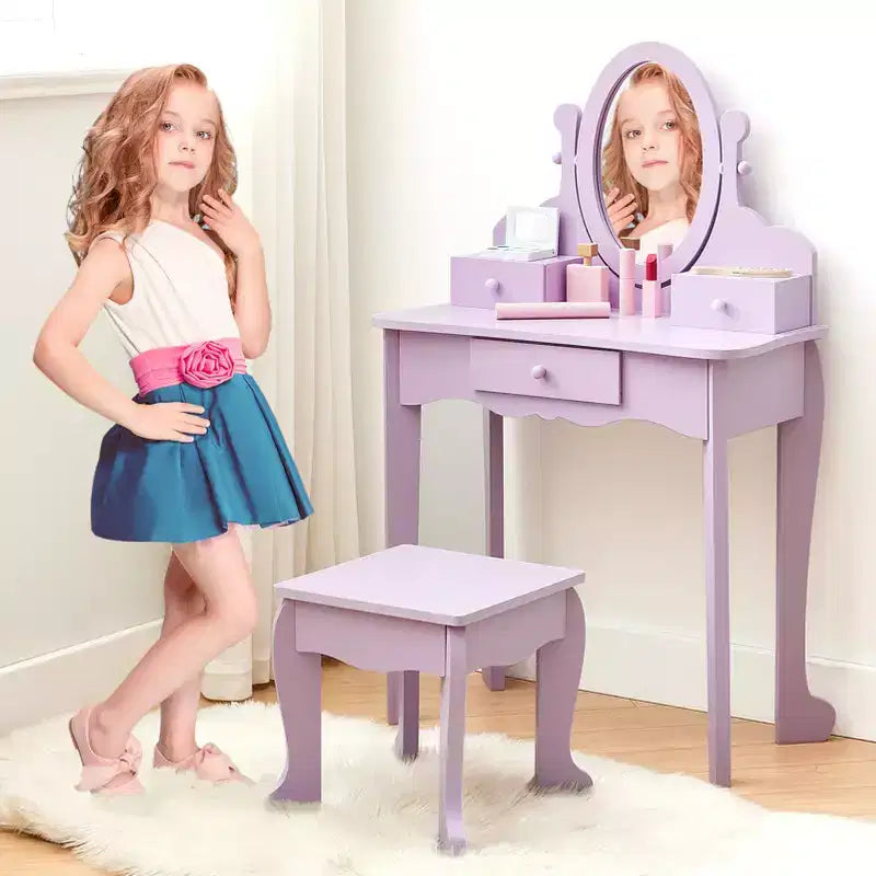 Set toeletta in legno viola con specchio e sgabello per 1 bambino, età 3-8 anni