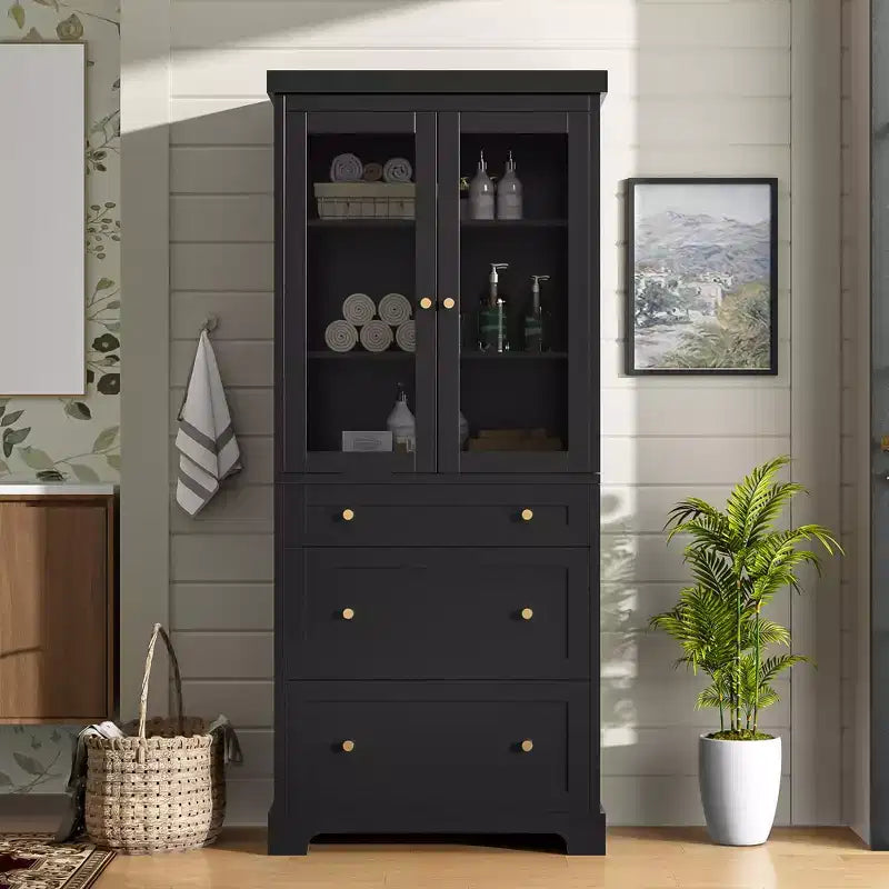 70.1H Modern Freestanding Bathroom Cabinet with 3 Drawers & Adjustable Shelves, Soft Close Glass Doors, for Multi-Room Storage - ModernLuxe