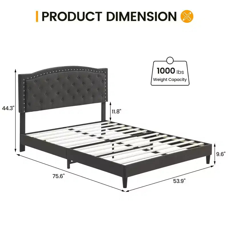 Letto a piattaforma imbottito in tessuto nero/grigio con testiera trapuntata e finiture borchiate – Matrimoniale / Queen, 2 persone