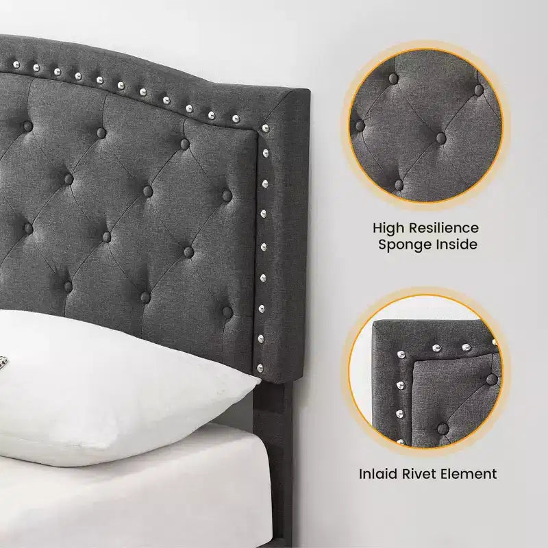 Letto a piattaforma imbottito in tessuto nero/grigio con testiera trapuntata e finiture borchiate – Matrimoniale / Queen, 2 persone