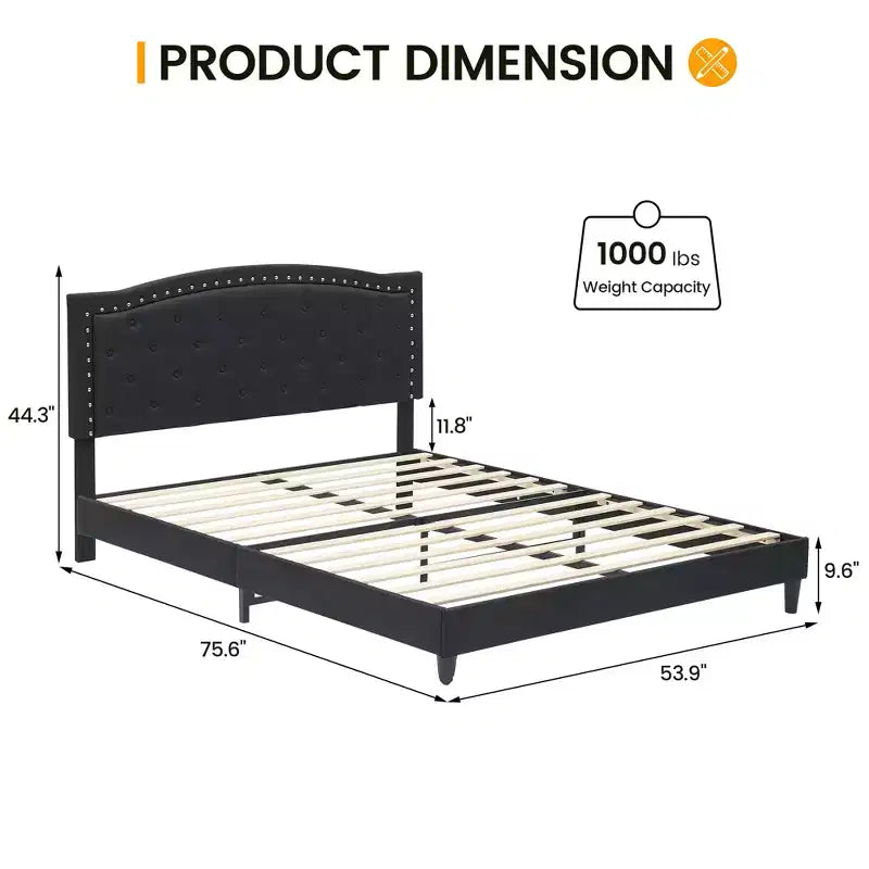 Letto a piattaforma imbottito in tessuto nero/grigio con testiera trapuntata e finiture borchiate – Matrimoniale / Queen, 2 persone