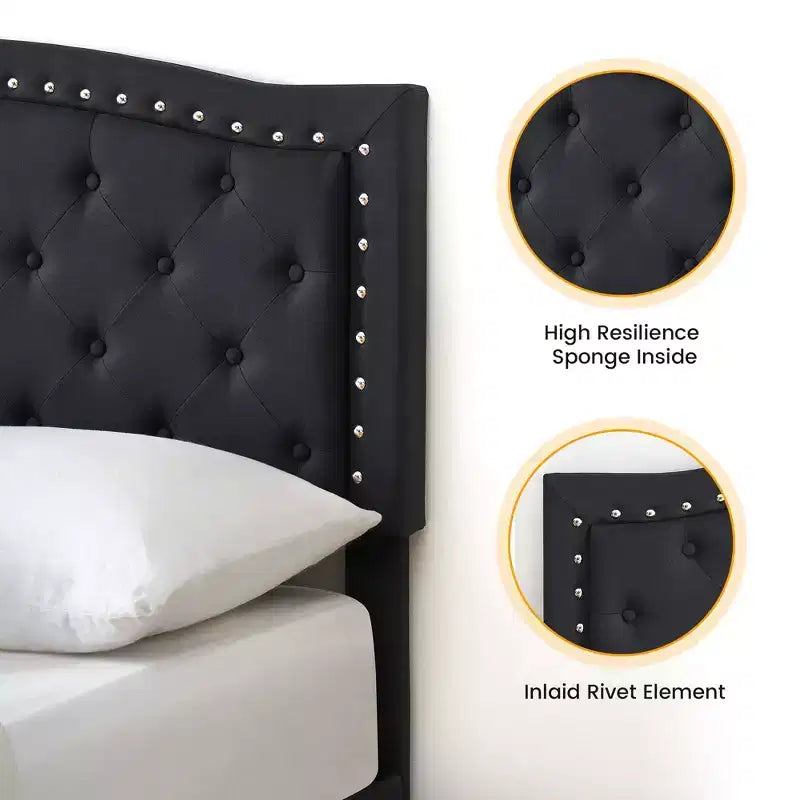 Letto a piattaforma imbottito in tessuto nero/grigio con testiera trapuntata e finiture borchiate – Matrimoniale / Queen, 2 persone