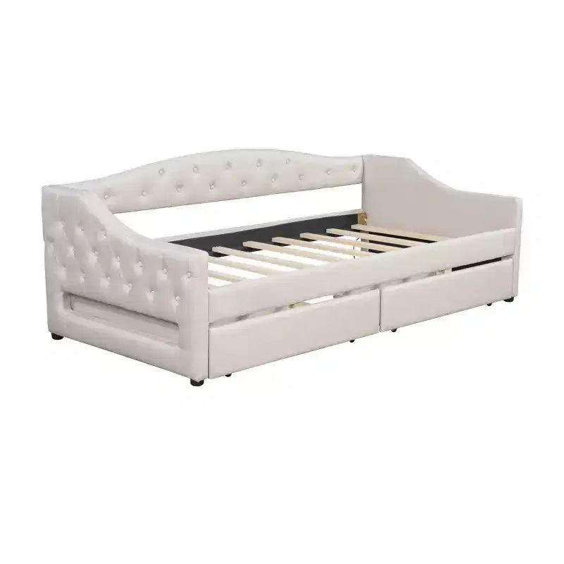 Divano letto singolo XL imbottito con luci LED e vano contenitore, Beige/Grigio, Posti letto 1–2