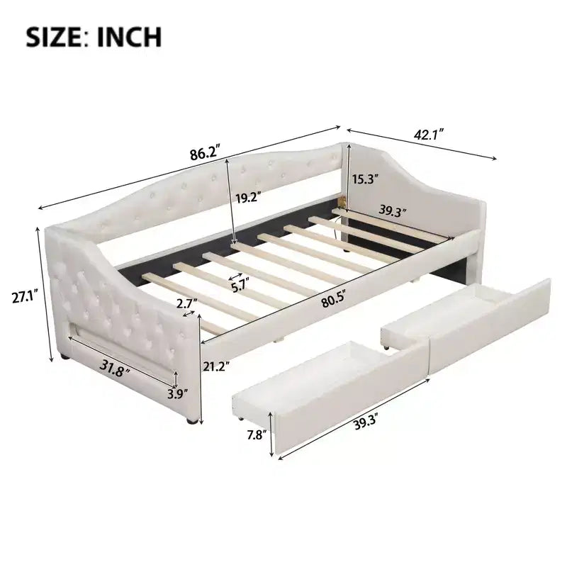 Divano letto singolo XL imbottito con luci LED e vano contenitore, Beige/Grigio, Posti letto 1–2