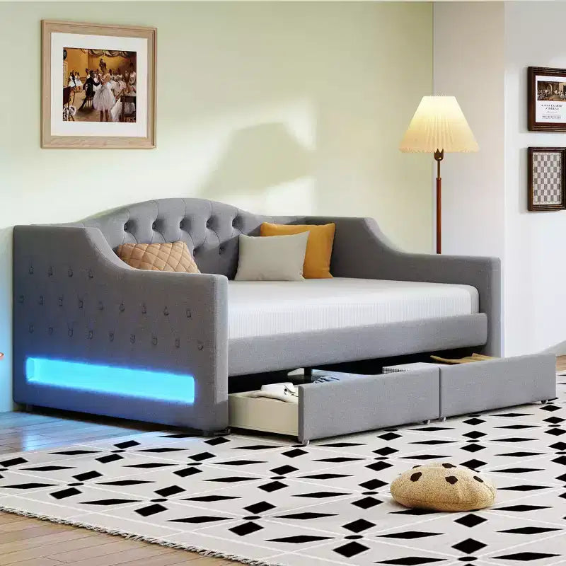 Divano letto singolo XL imbottito con luci LED e vano contenitore, Beige/Grigio, Posti letto 1–2
