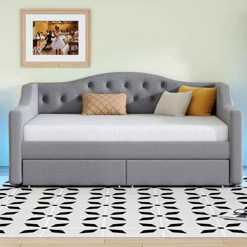 Divano letto singolo XL imbottito con luci LED e vano contenitore, Beige/Grigio, Posti letto 1–2