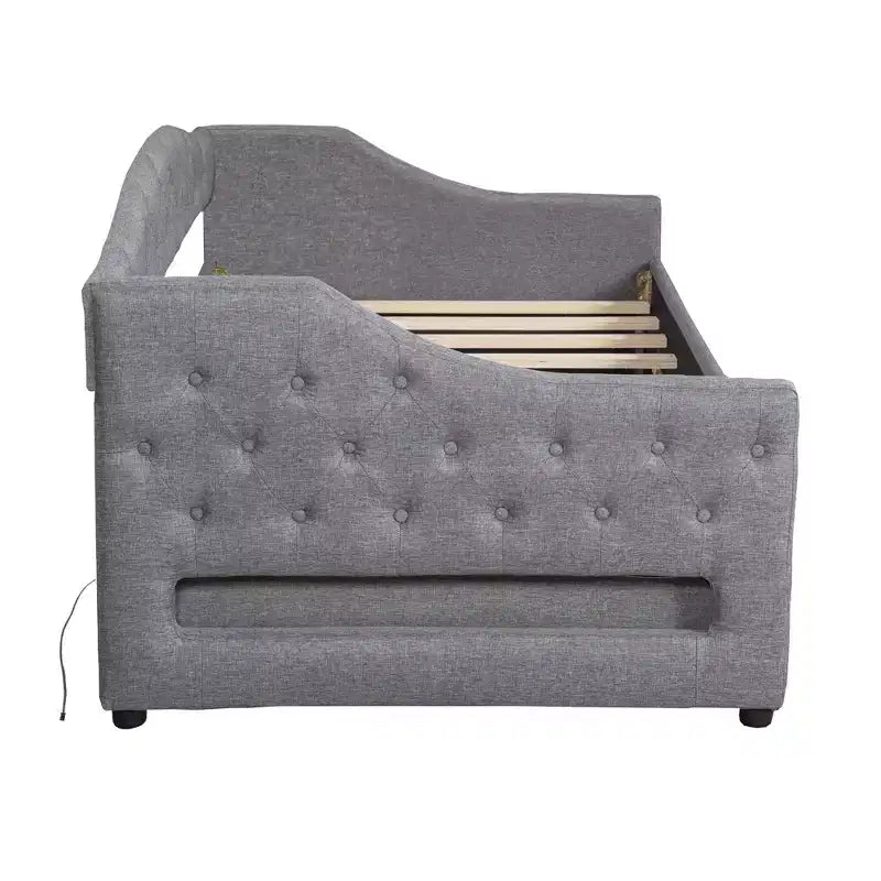 Divano letto singolo XL imbottito con luci LED e vano contenitore, Beige/Grigio, Posti letto 1–2