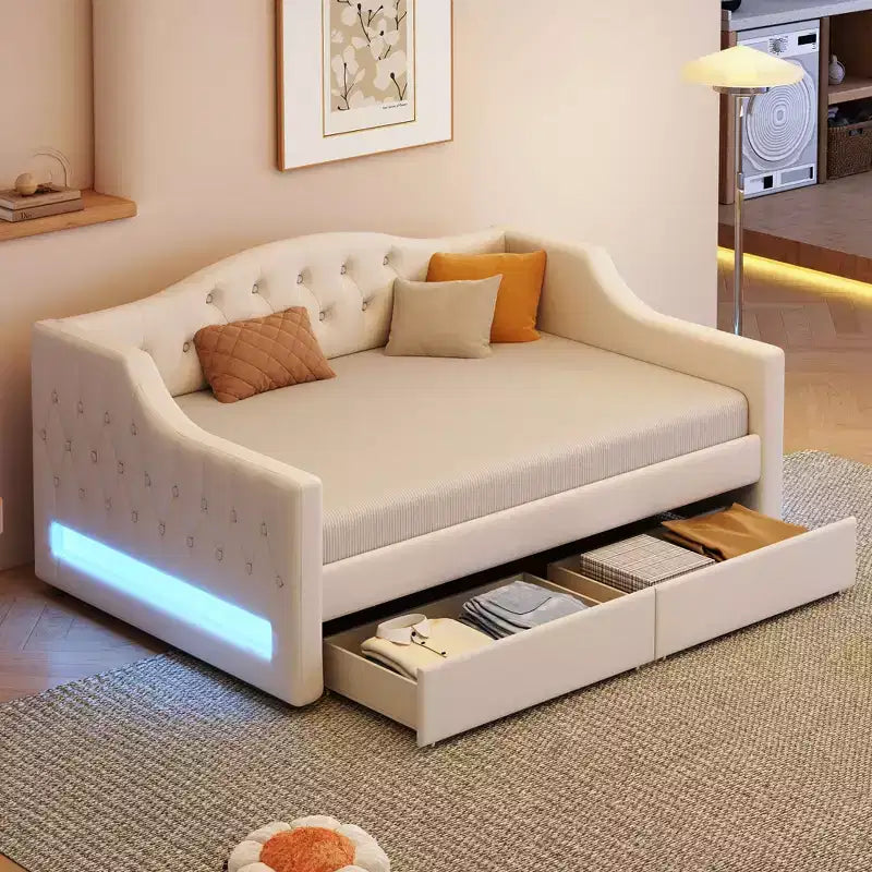 Divano letto singolo XL imbottito con luci LED e vano contenitore, Beige/Grigio, Posti letto 1–2