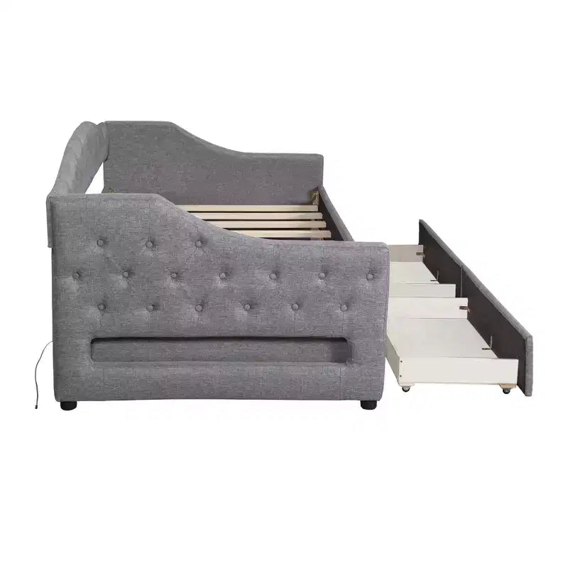 Divano letto singolo XL imbottito con luci LED e vano contenitore, Beige/Grigio, Posti letto 1–2