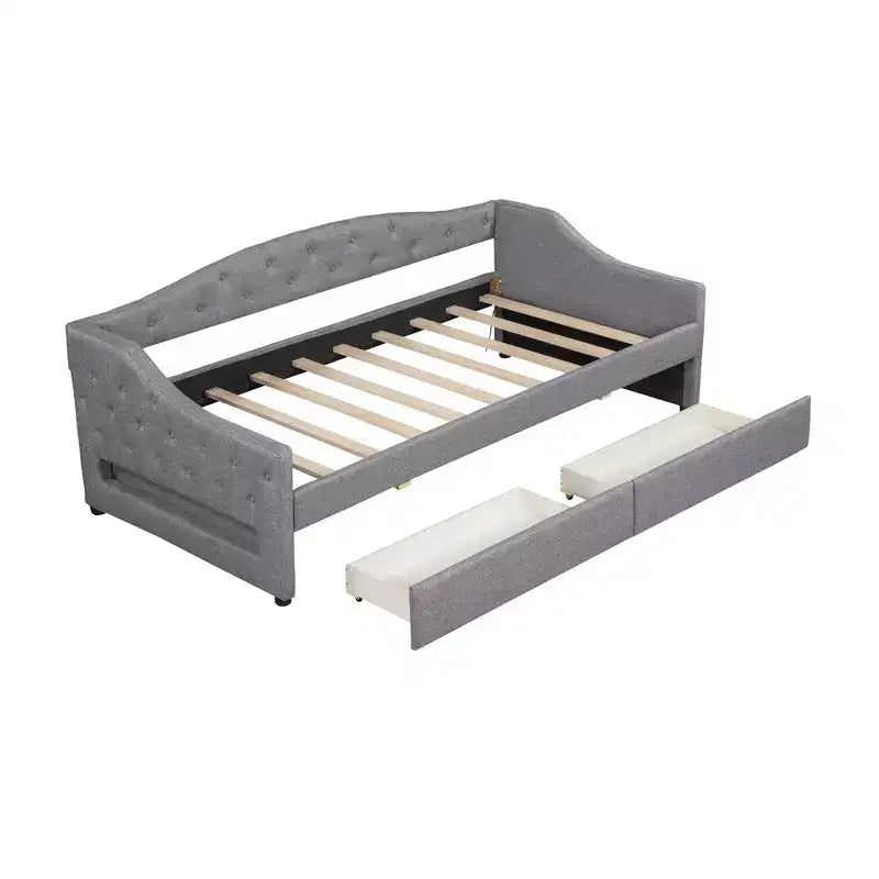 Divano letto singolo XL imbottito con luci LED e vano contenitore, Beige/Grigio, Posti letto 1–2