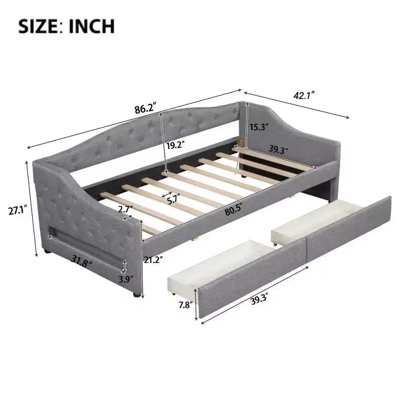 Divano letto singolo XL imbottito con luci LED e vano contenitore, Beige/Grigio, Posti letto 1–2
