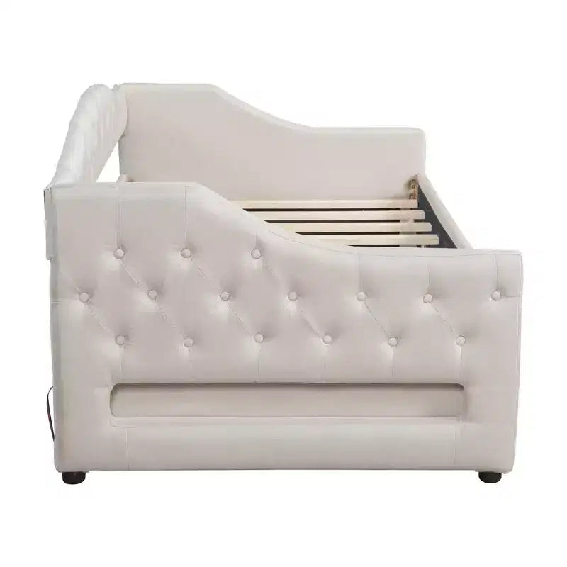 Divano letto singolo XL imbottito con luci LED e vano contenitore, Beige/Grigio, Posti letto 1–2