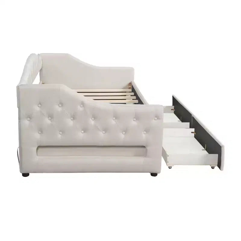 Divano letto singolo XL imbottito con luci LED e vano contenitore, Beige/Grigio, Posti letto 1–2