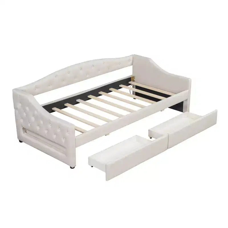 Divano letto singolo XL imbottito con luci LED e vano contenitore, Beige/Grigio, Posti letto 1–2