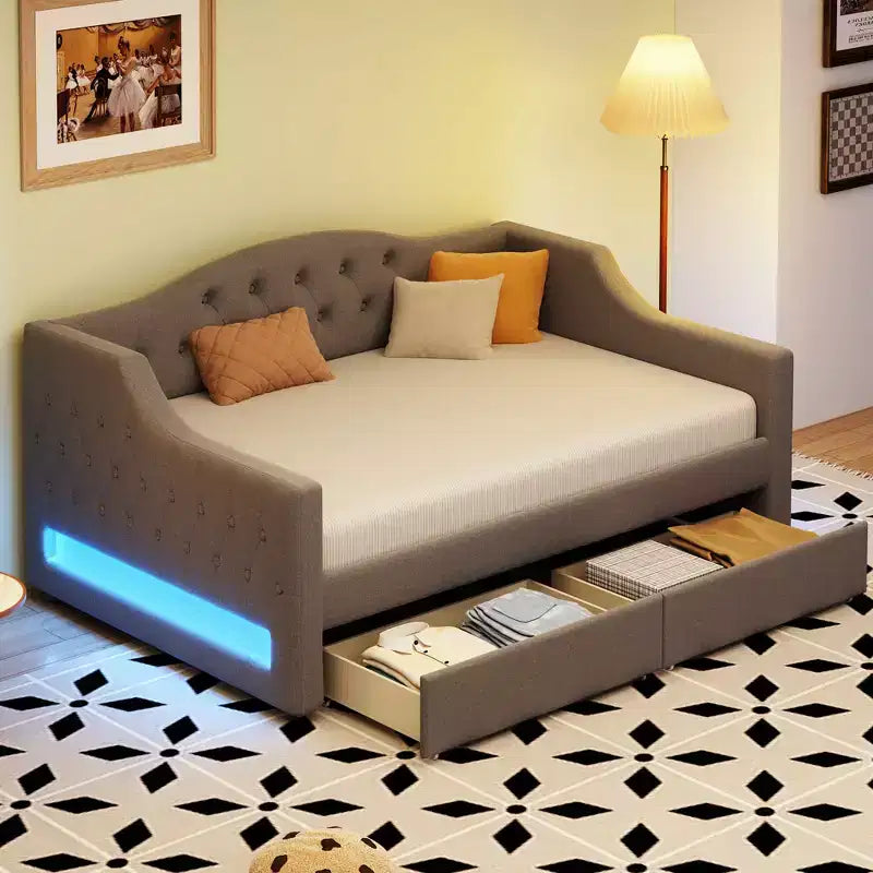 Divano letto singolo XL imbottito con luci LED e vano contenitore, Beige/Grigio, Posti letto 1–2