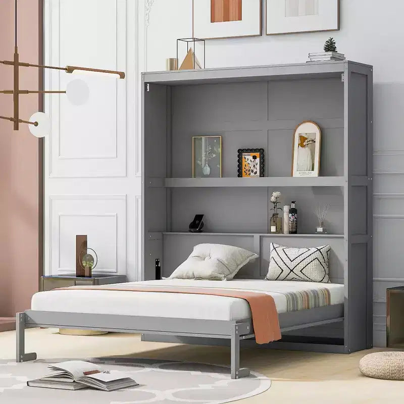 Letto a scomparsa Queen Size grigio/bianco con mensole, 1 persona