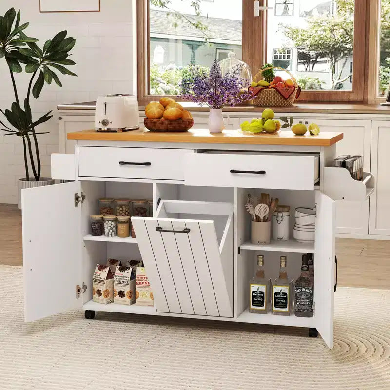 Carrello da Cucina/Isola mobile Bianco/Nero con pattumiera integrata, per 1 persona